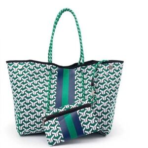 The Aniella Neoprene Tote - Green Geo with Blue Stripe
